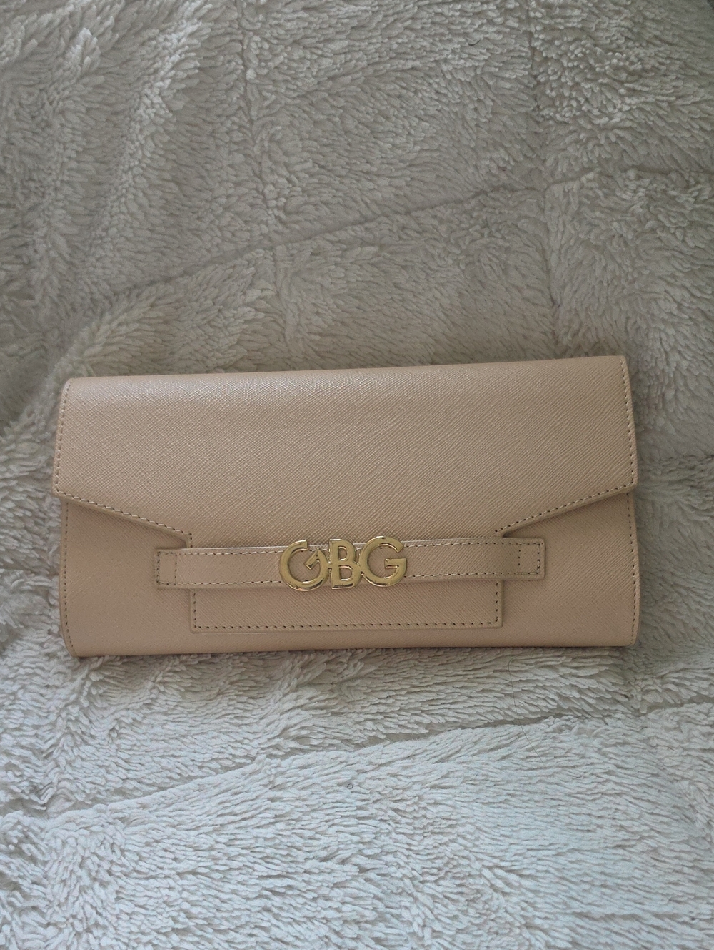 GBG Los Angeles Nude Saffiano Envelope Clutch with Gold Logo